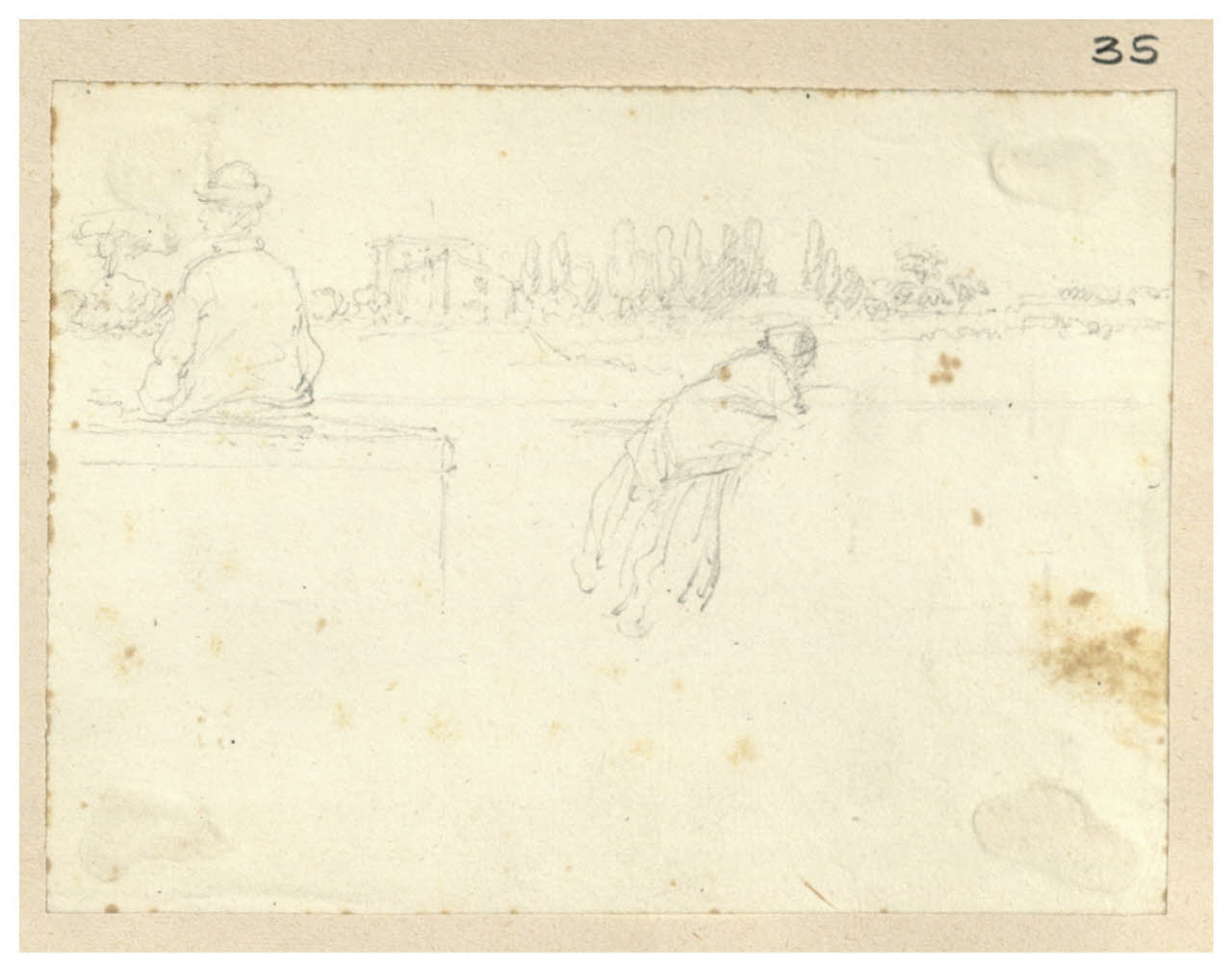 Uomo seduto di spalle e donna appoggiata a parapetto (disegno) di Bettinelli, Luigi (seconda metà sec. XIX)