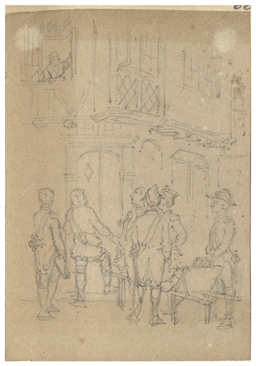 Trasporto di ammalato e donna alla finestra (disegno) di Bettinelli, Luigi (seconda metà sec. XIX)