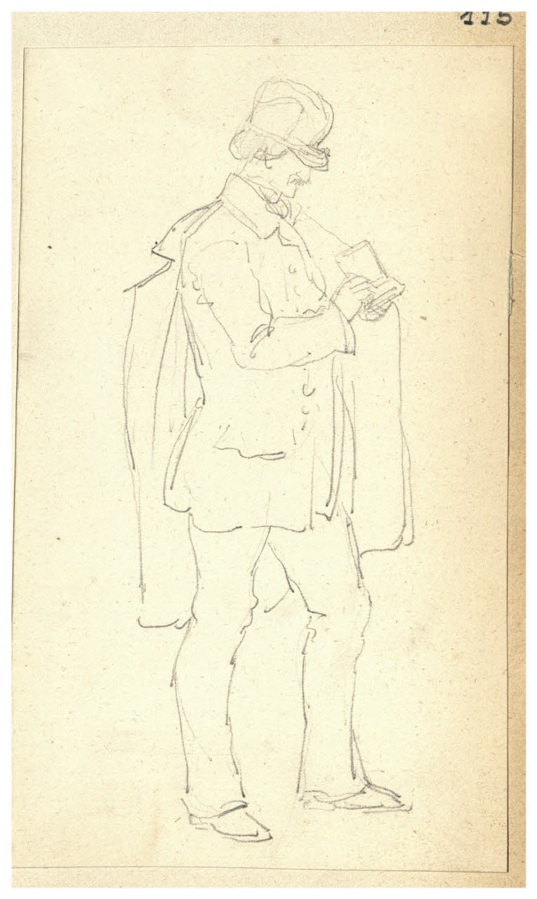 Uomo con cappello e cappotto (disegno) di Bettinelli, Luigi (seconda metà sec. XIX)