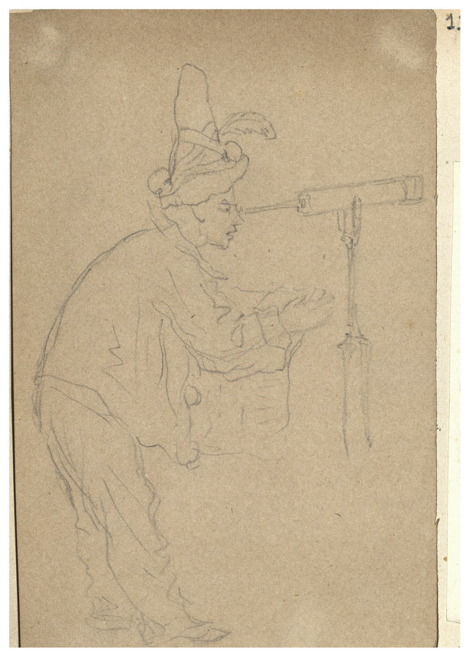 Uomo con cappello che guarda in un cannocchiale (disegno) di Bettinelli, Luigi (seconda metà sec. XIX)