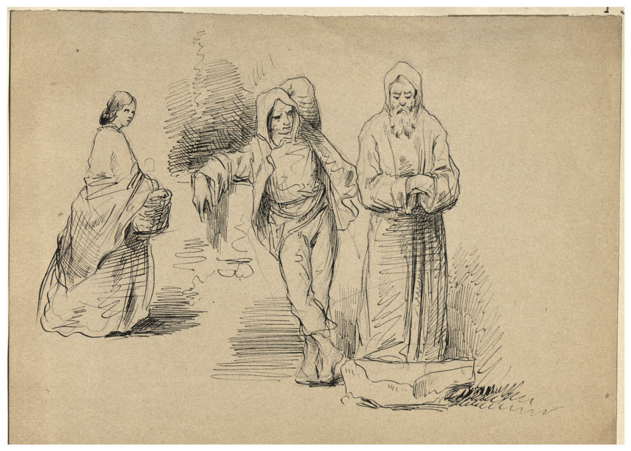 Figure di monaco, ragazza e ragazzo (disegno) di Bettinelli, Luigi (seconda metà sec. XIX)