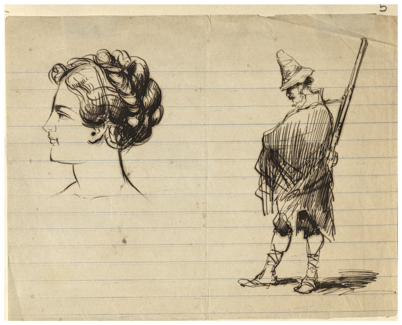 Figura di brigante e profilo femminile (disegno) di Bettinelli, Luigi (seconda metà sec. XIX)