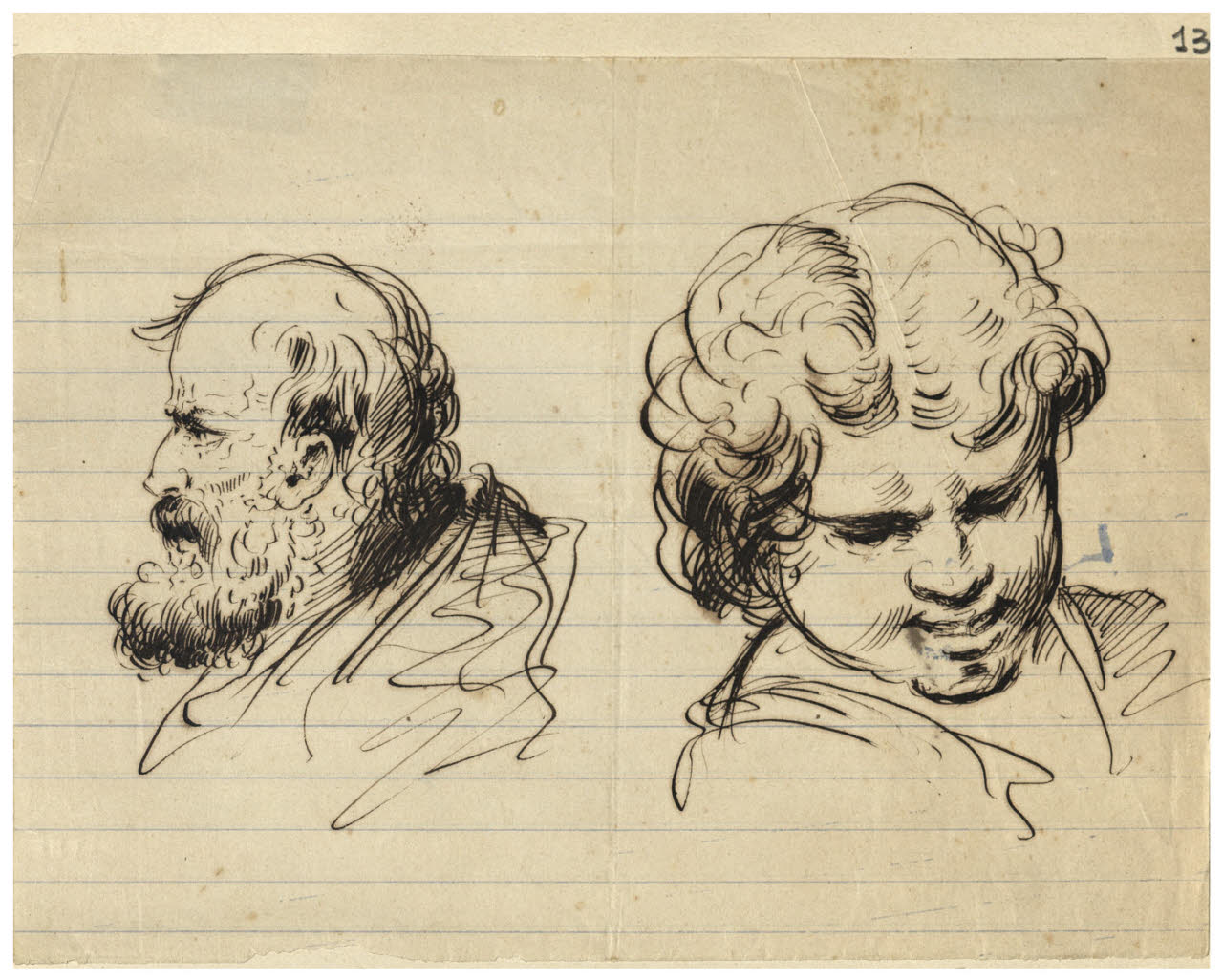 Viso barbuto di profilo e viso maschile (disegno) di Bettinelli, Luigi (seconda metà sec. XIX)