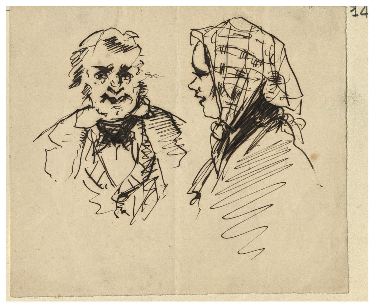 Volto di uomo e profilo femminile (disegno) di Bettinelli, Luigi (seconda metà sec. XIX)