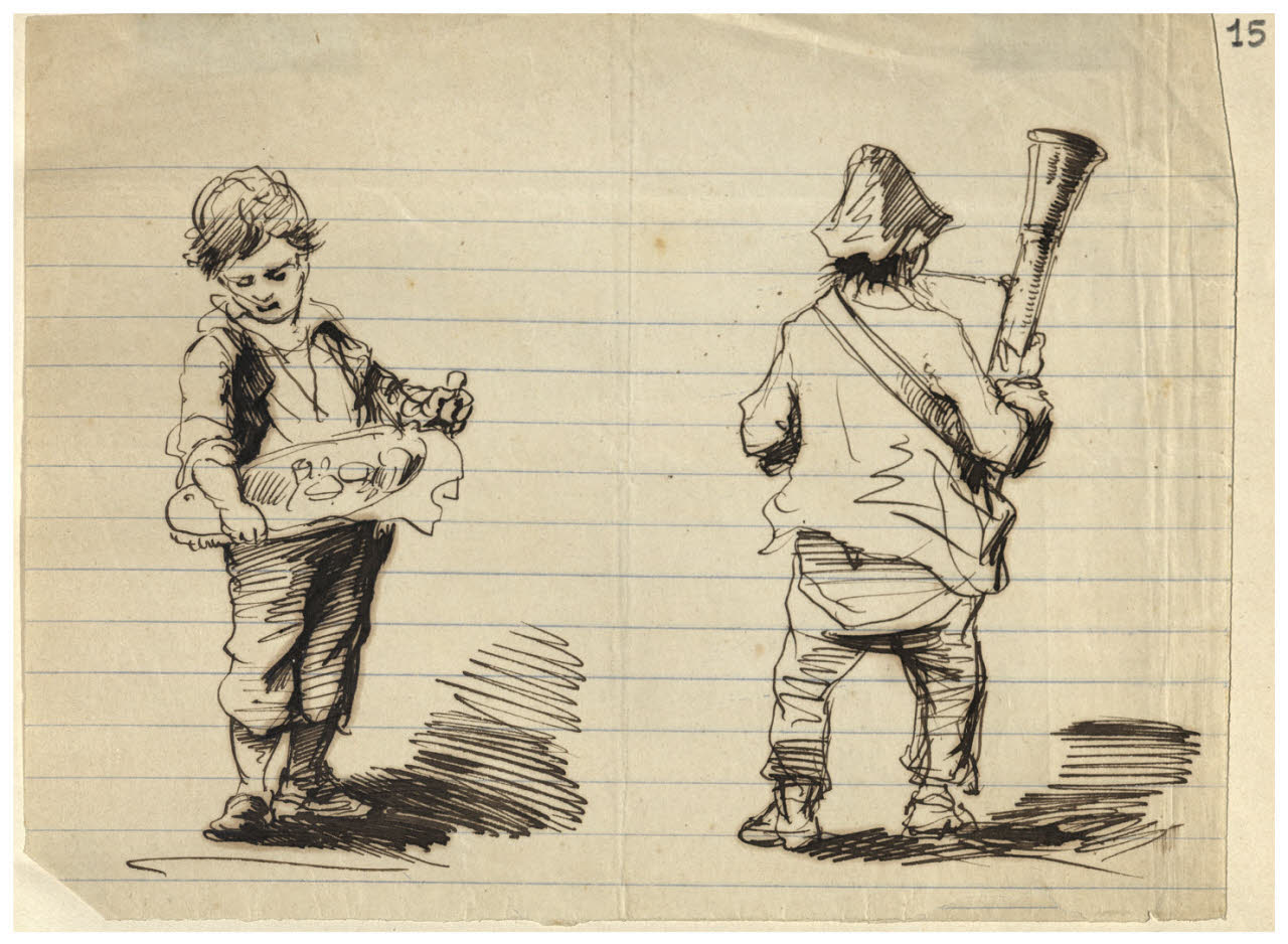 Bambino e suonatore di spalle (disegno) di Bettinelli, Luigi (seconda metà sec. XIX)