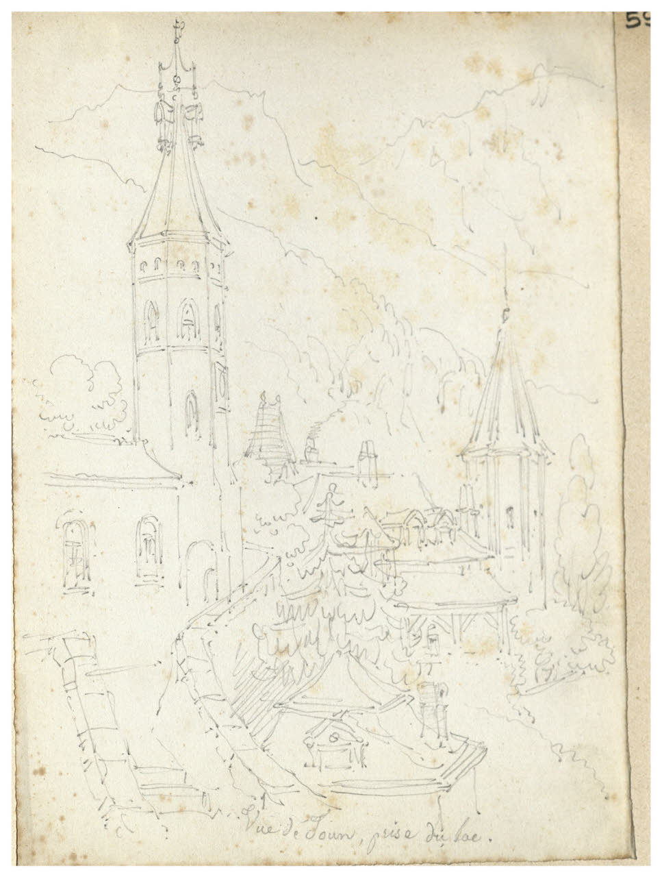 Veduta (Vue de Joun prise du lac) (disegno) di Bettinelli, Luigi (seconda metà sec. XIX)