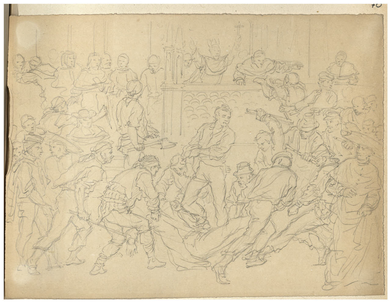 Scena storica (nel verso: Evenements d'Espagne -Burgos - Assassinat de M. Guttierz de Castro …) (disegno) di Bettinelli, Luigi (seconda metà sec. XIX)