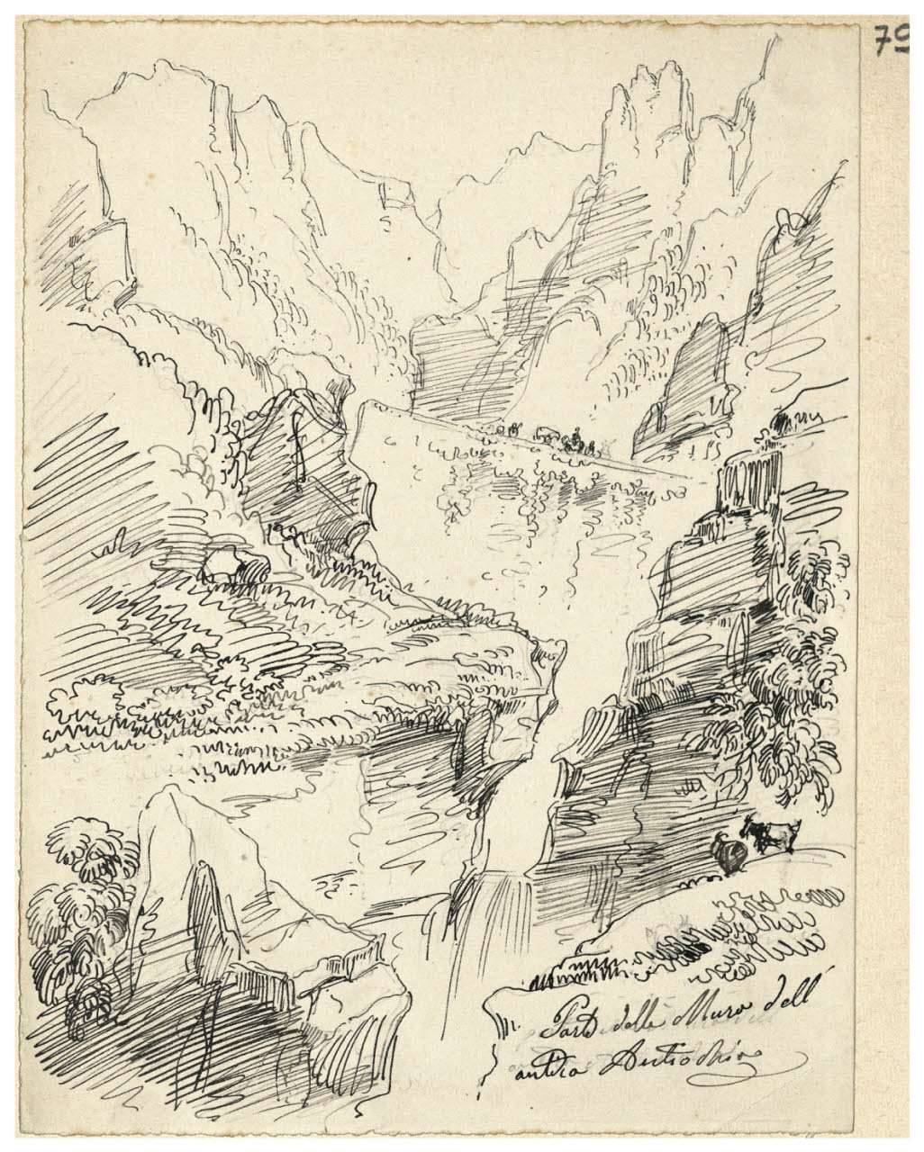 Paesaggio. (Parte delle Mura dell'antica Antiochia) (disegno) di Bettinelli, Luigi (seconda metà sec. XIX)