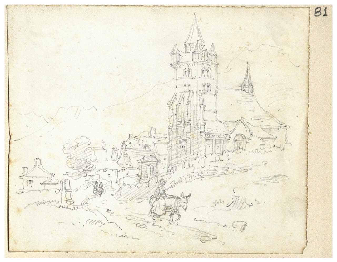 Paesaggio con figure e asinello (disegno) di Bettinelli, Luigi (seconda metà sec. XIX)