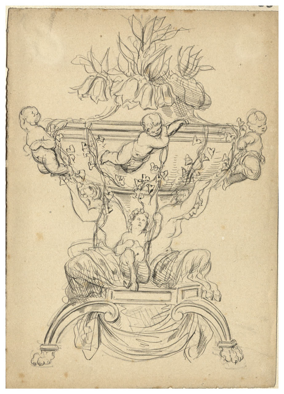 Vaso decorato con putti e fiori (disegno) di Bettinelli, Luigi (seconda metà sec. XIX)