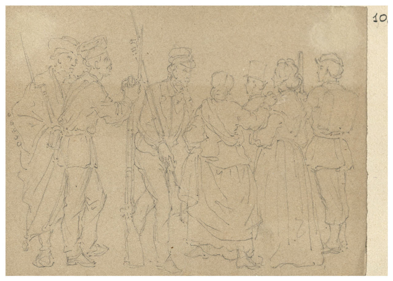 Figure di donne e soldati (disegno) di Bettinelli, Luigi (seconda metà sec. XIX)