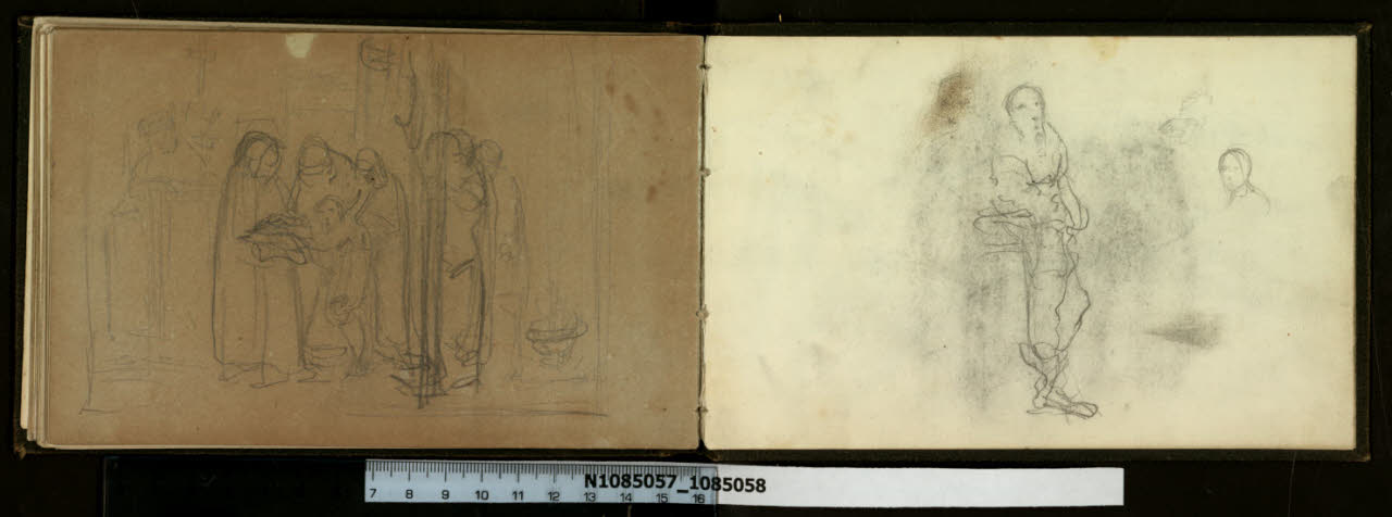 Figura maschile in piedi, schizzi di volto femminile e di mani imploranti (disegno) di Ranzoni, Daniele (sec. XIX)