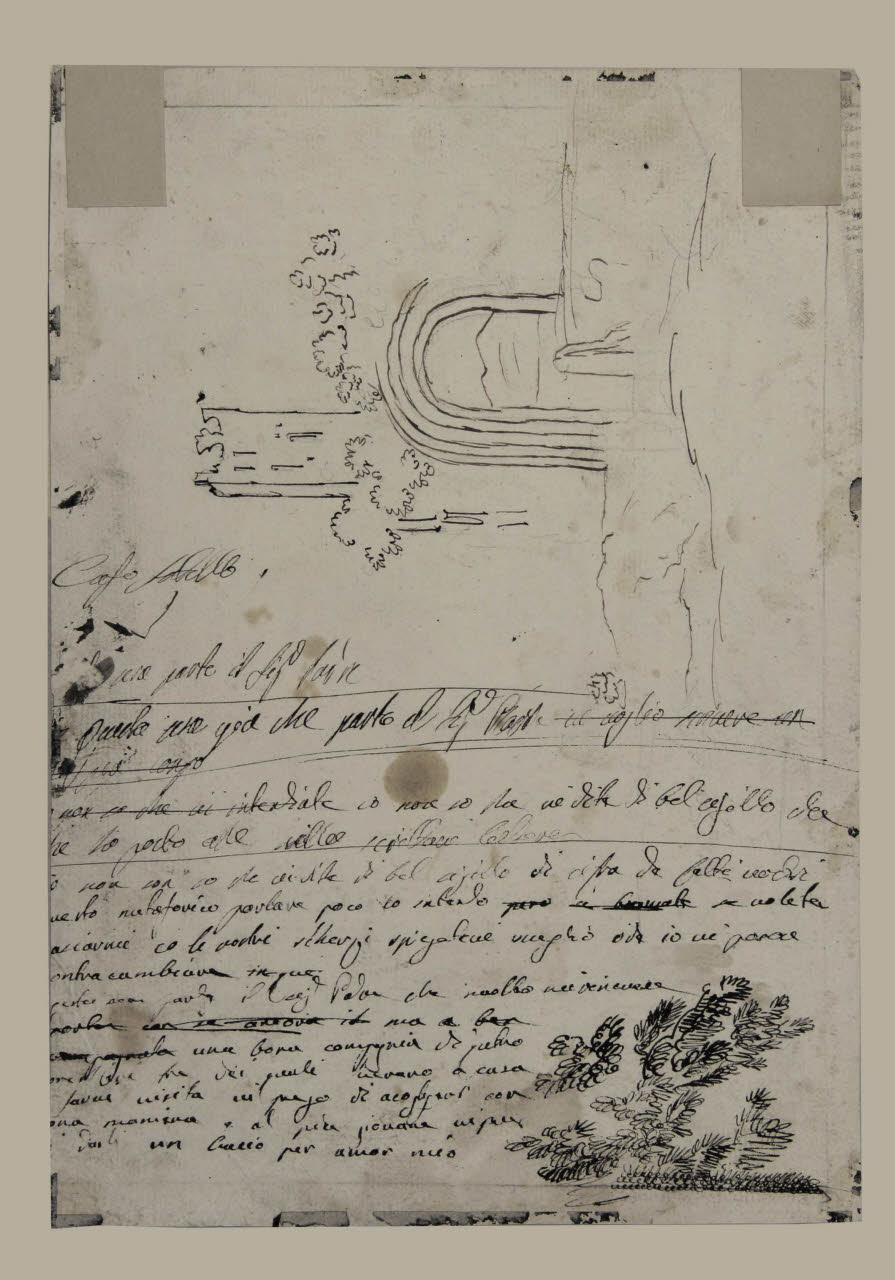 Schizzo di un abitato con torre e arco e lungo testo scritto, Schizzo di un abitato con torre e arco e lungo testo scritto (disegno) di Bison, Giuseppe Bernardino (secc. XVIII/ XIX)
