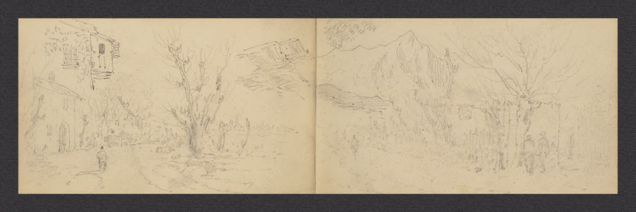 Album n. 1. Due figurine stanti in una strada; Viandante nel paesaggio (disegno) di Canella, Giuseppe (prima metà sec. XIX)