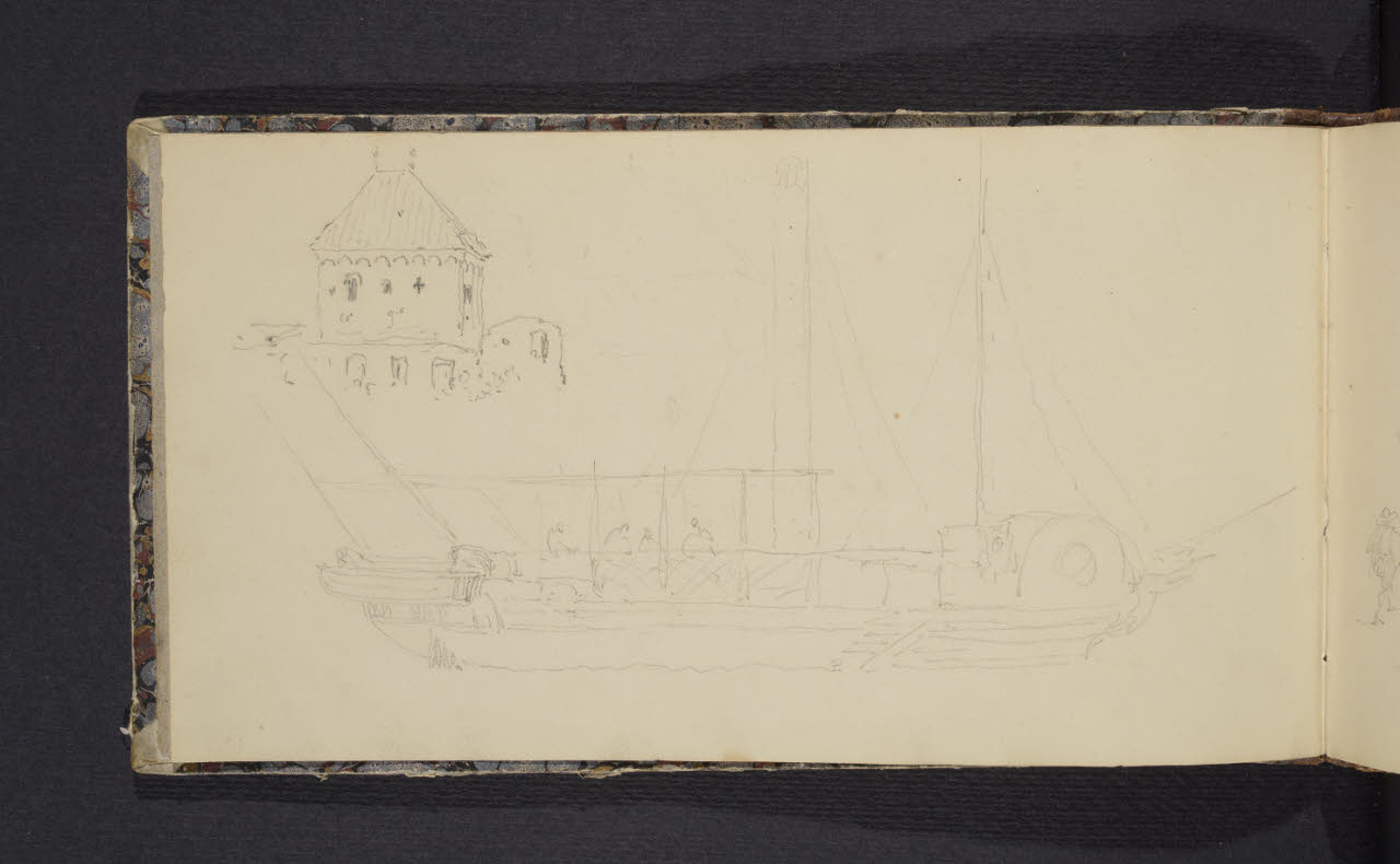 Album n. 2 - Milano, Lago di Garda, Tirolo e Trentino. Battello e casa (disegno) di Canella, Giuseppe (prima metà sec. XIX)