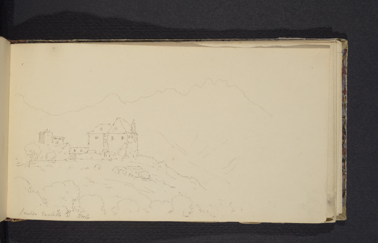 Album n. 2 - Milano, Lago di Garda, Tirolo e Trentino. Antico castello di Tirolo (disegno) di Canella, Giuseppe (prima metà sec. XIX)