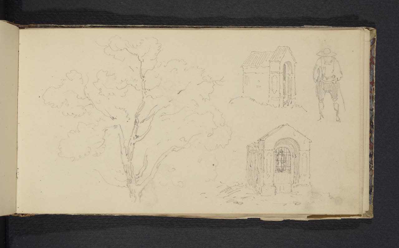 Album n. 2 - Milano, Lago di Garda, Tirolo e Trentino. Studio di edicole e figura (disegno) di Canella, Giuseppe (prima metà sec. XIX)