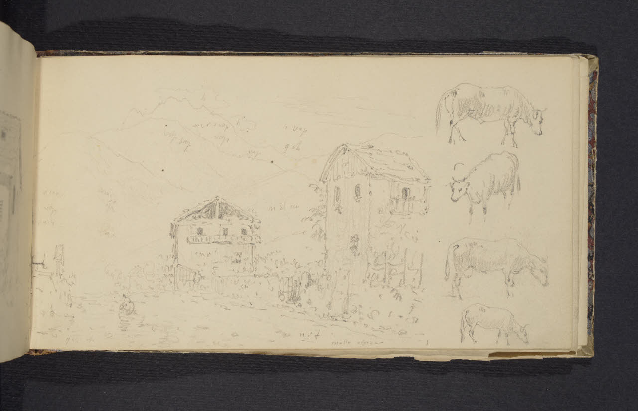 Album n. 2 - Milano, Lago di Garda, Tirolo e Trentino. Case sul torrente e studi di animali (disegno) di Canella, Giuseppe (prima metà sec. XIX)