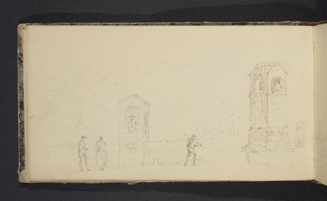 Album n. 2 - Milano, Lago di Garda, Tirolo e Trentino. Studi di viandanti e di edicole sacre (disegno) di Canella, Giuseppe (prima metà sec. XIX)