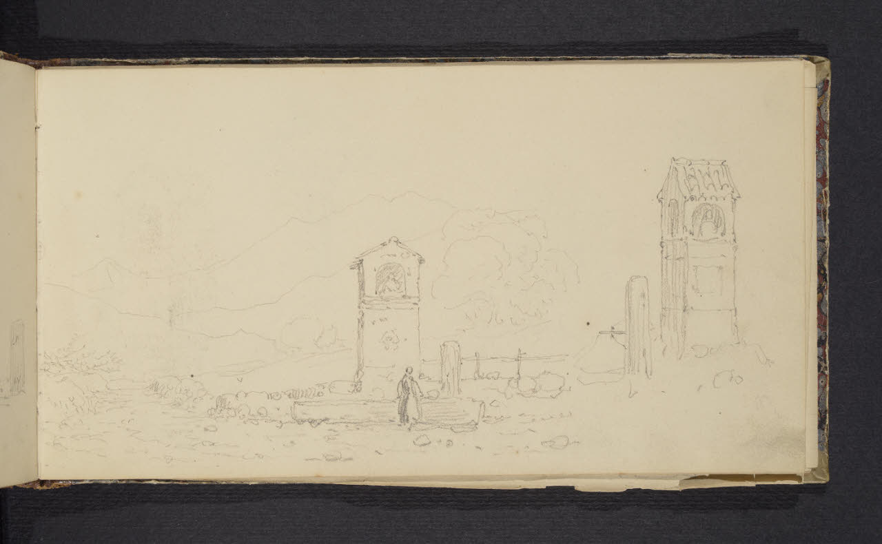 Album n. 2 - Milano, Lago di Garda, Tirolo e Trentino. Donna al lavatoio e edicola (disegno) di Canella, Giuseppe (prima metà sec. XIX)