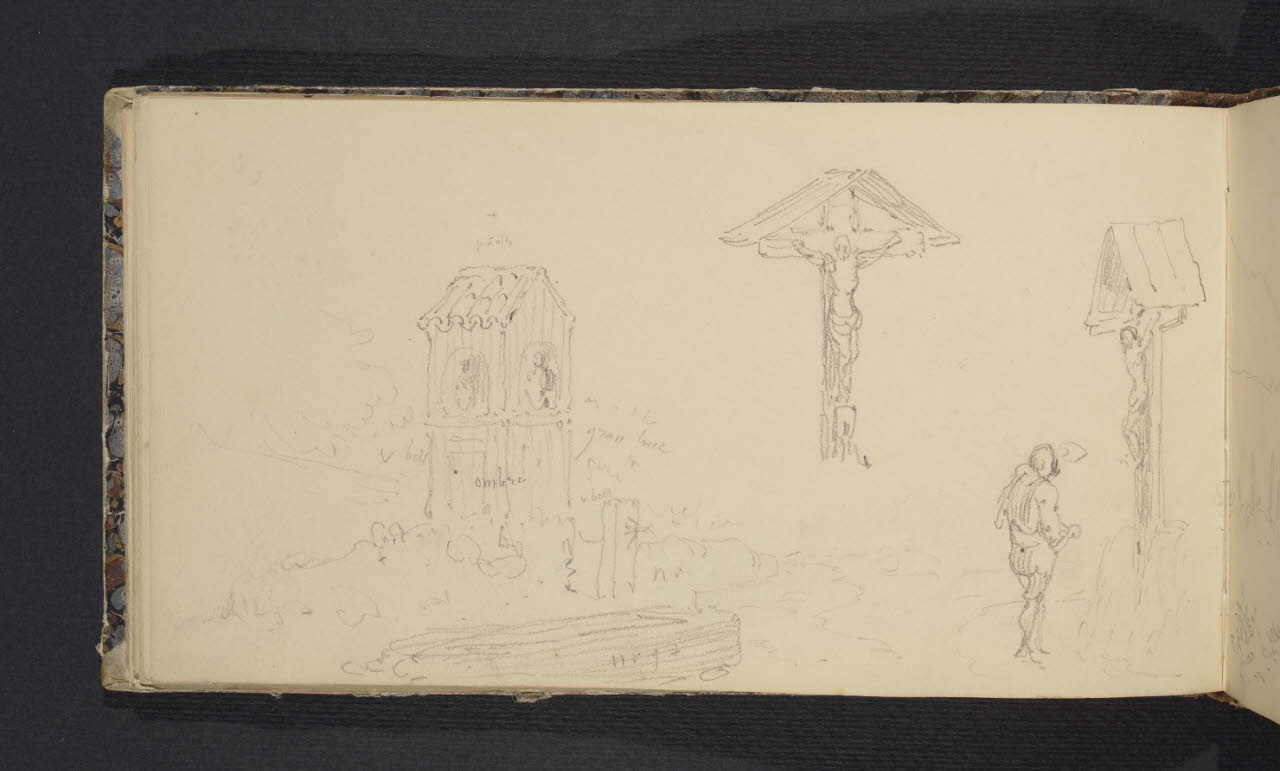 Album n. 2 - Milano, Lago di Garda, Tirolo e Trentino. Crocifissi e viandante (disegno) di Canella, Giuseppe (prima metà sec. XIX)