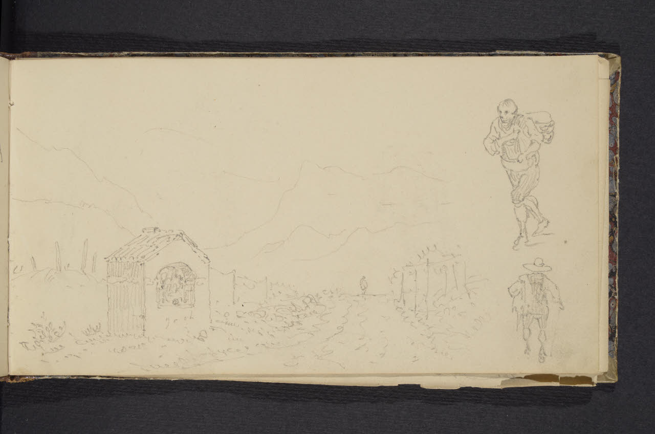 Album n. 2 - Milano, Lago di Garda, Tirolo e Trentino. Due viandanti e un'edicola (disegno) di Canella, Giuseppe (prima metà sec. XIX)