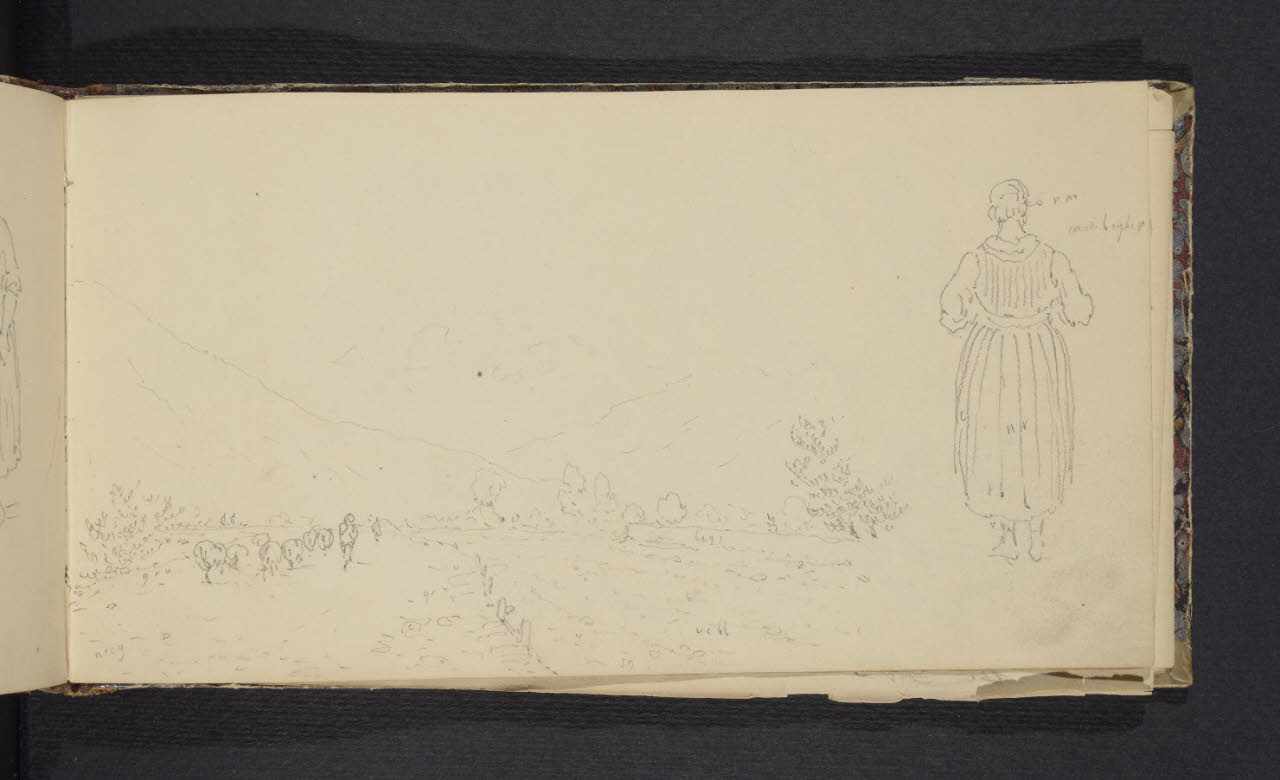 Album n. 2 - Milano, Lago di Garda, Tirolo e Trentino. Studio di donna e gregge su strada (disegno) di Canella, Giuseppe (prima metà sec. XIX)