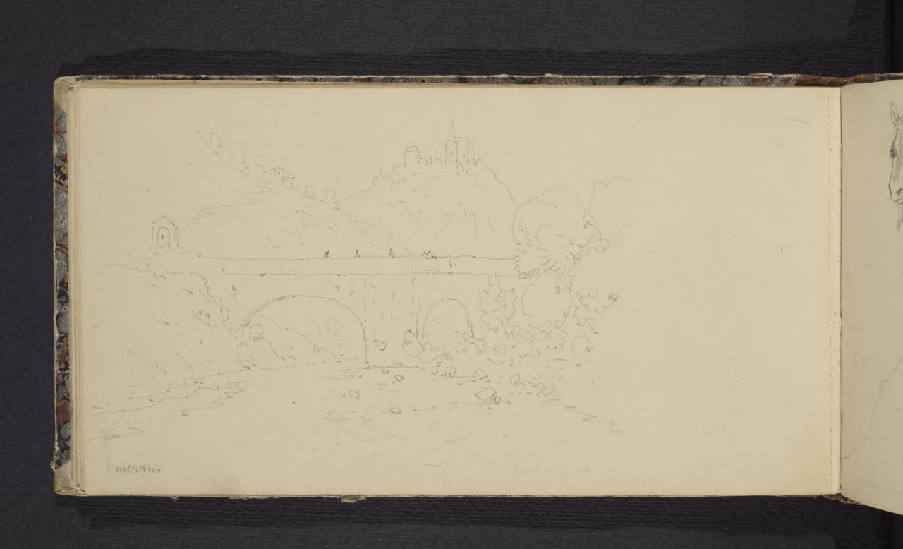 Album n. 2 - Milano, Lago di Garda, Tirolo e Trentino. Merano, Ponte sul fiume (disegno) di Canella, Giuseppe (prima metà sec. XIX)