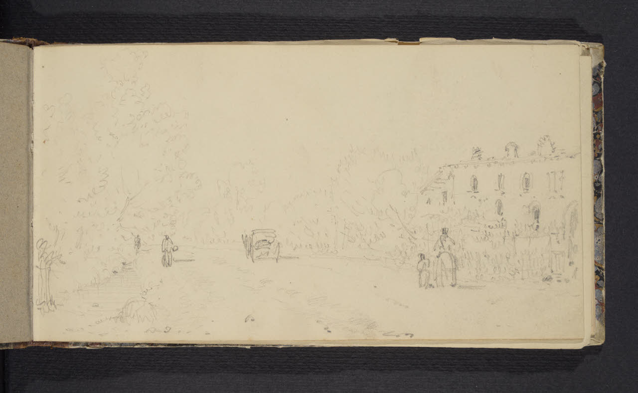 Album n. 2 - Milano, Lago di Garda, Tirolo e Trentino. Cascina su strada con figure (disegno) di Canella, Giuseppe (prima metà sec. XIX)