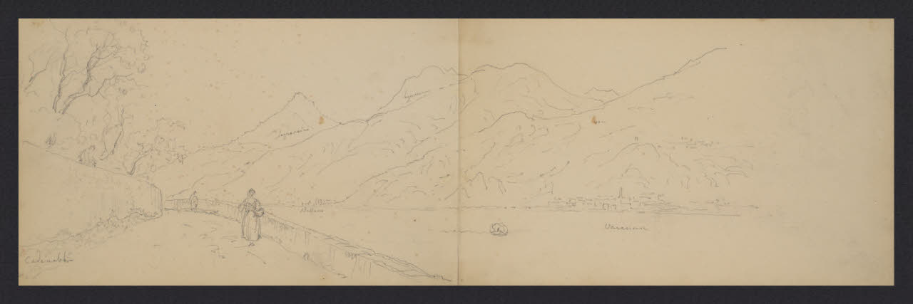 Album n. 3 - Lago di Como e di Lecco. La strada di Cadenabbia; Varenna dal lago (disegno) di Canella, Giuseppe (prima metà sec. XIX)