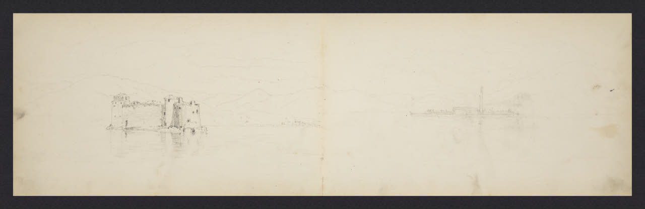Album n. 4 (Ranco, Suna, Cannobio). Studio di castello nel lago (disegno) di Canella, Giuseppe (prima metà sec. XIX)