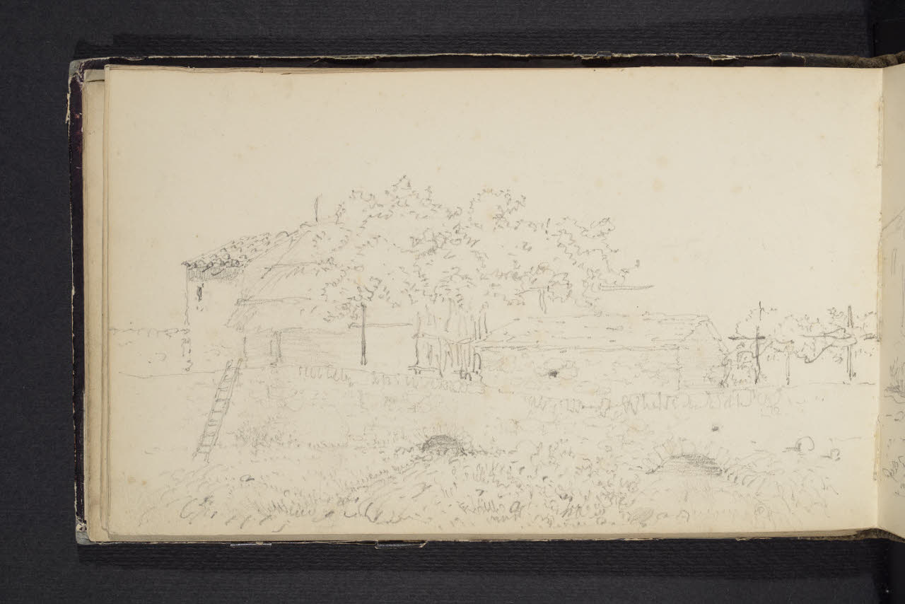 Album n. 4 (Ranco, Suna, Cannobio). Cascinale nel paesaggio (disegno) di Canella, Giuseppe (prima metà sec. XIX)
