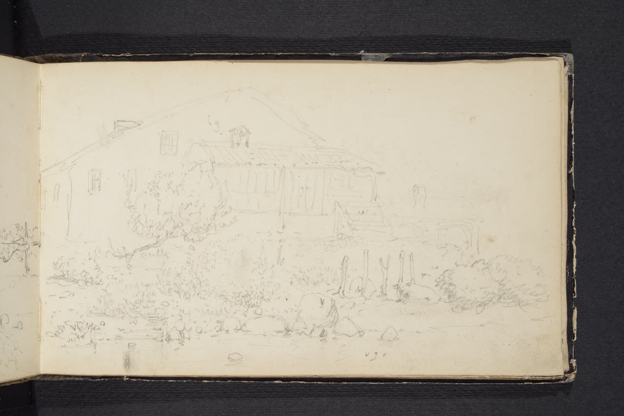 Album n. 4 (Ranco, Suna, Cannobio). Cascinale nel paesaggio (disegno) di Canella, Giuseppe (prima metà sec. XIX)