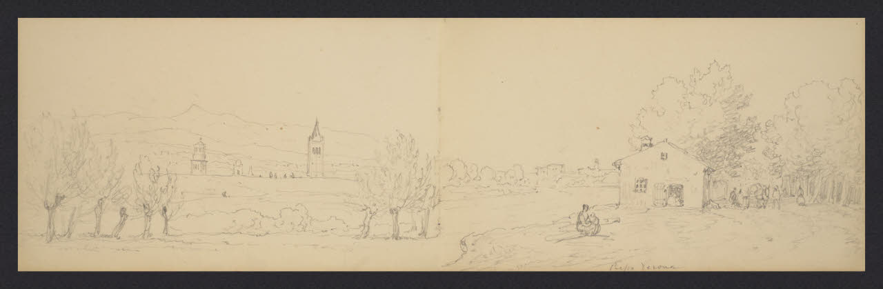 Album n. 6 - Territorio veronese e milanese e linee e brughiere. Paesaggio con alberi e due campanili ; Presso Verona: cascinale e persone (disegno) di Canella, Giuseppe (prima metà sec. XIX)