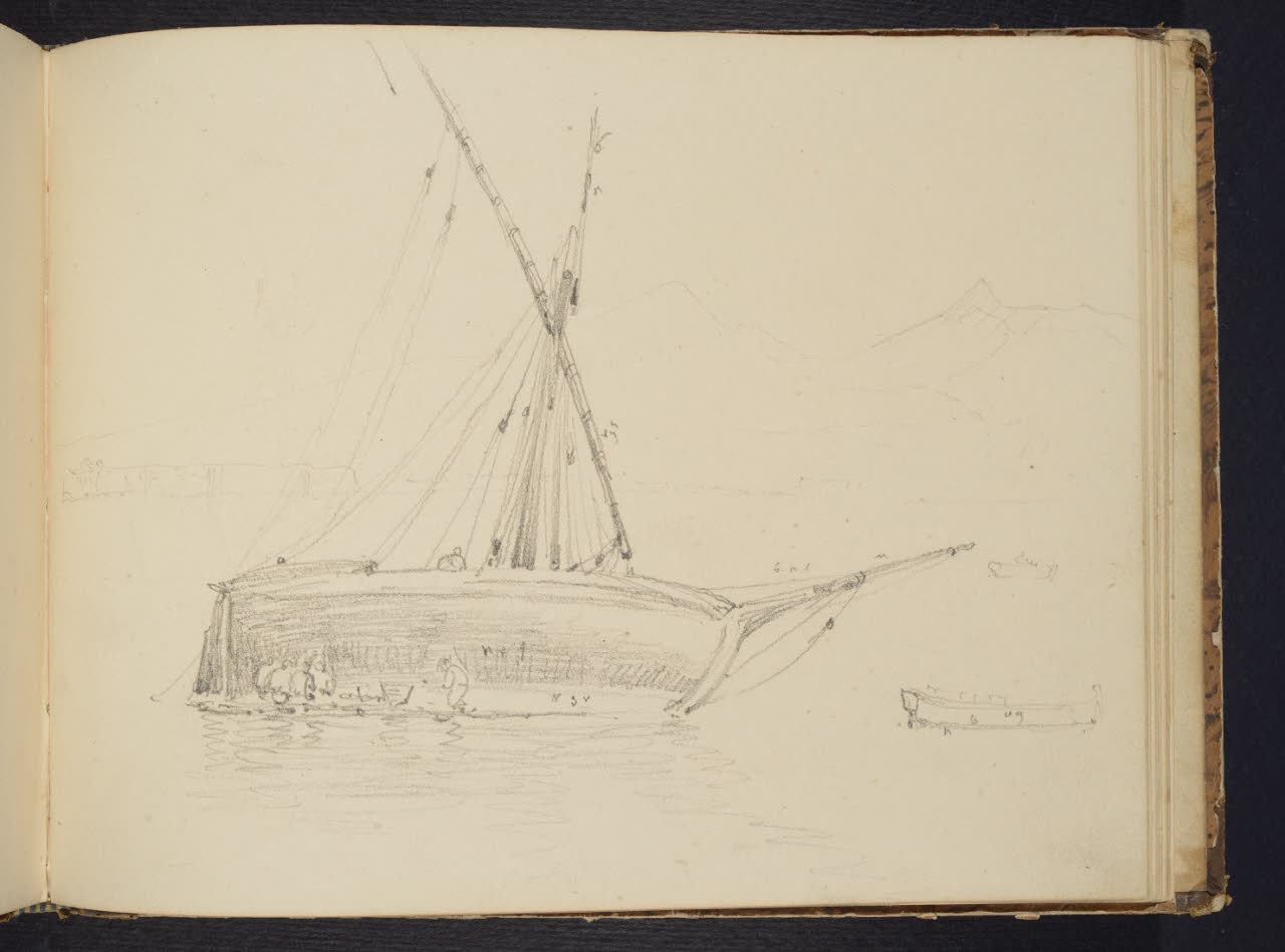 Album n. 9 - Livorno, Civitavecchia, Roma, Napoli (macchiette). Veliero in avaria (disegno) di Canella, Giuseppe (prima metà sec. XIX)