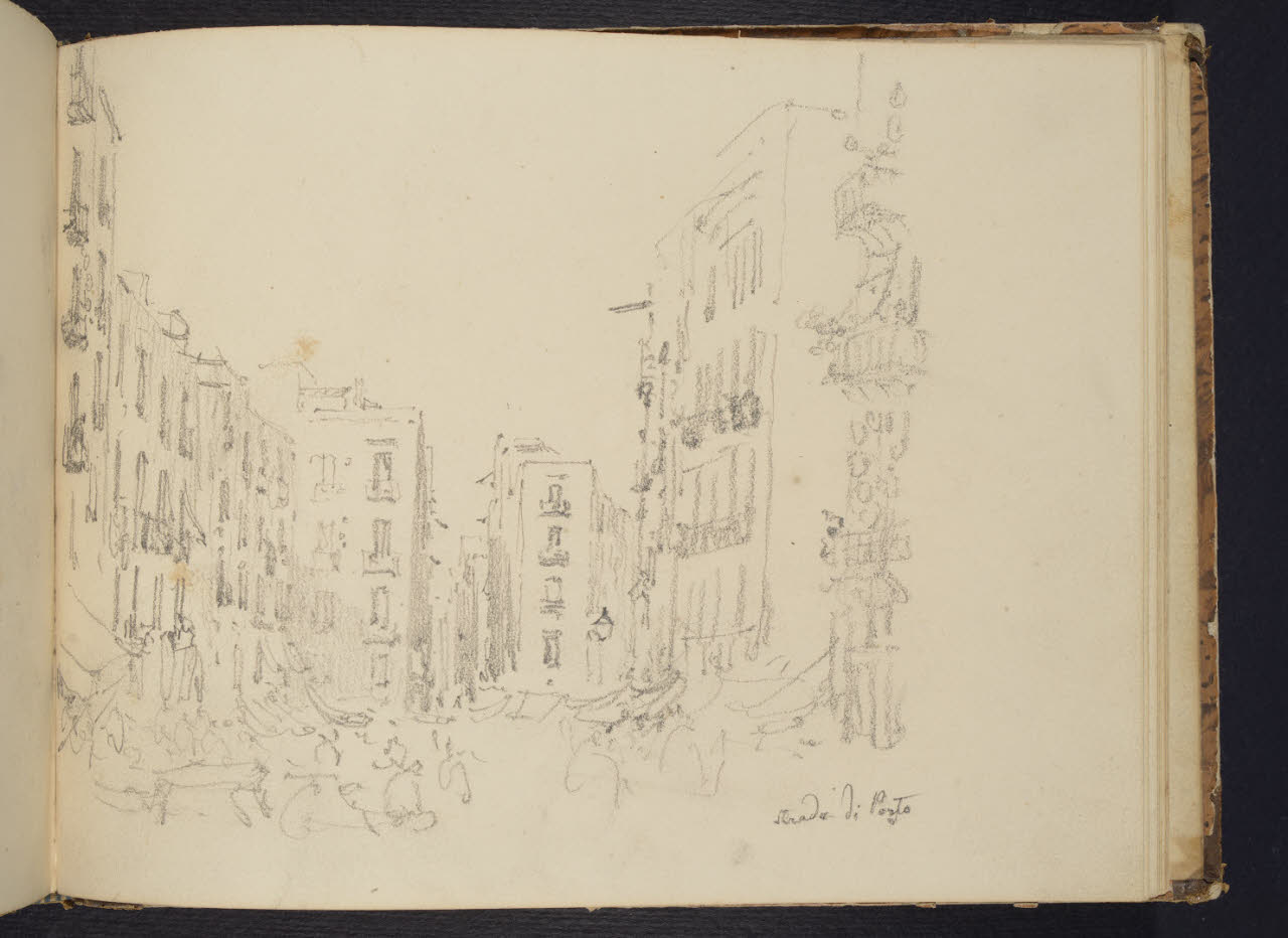 Album n. 9 - Livorno, Civitavecchia, Roma, Napoli (macchiette). Strada di porto (disegno) di Canella, Giuseppe (prima metà sec. XIX)