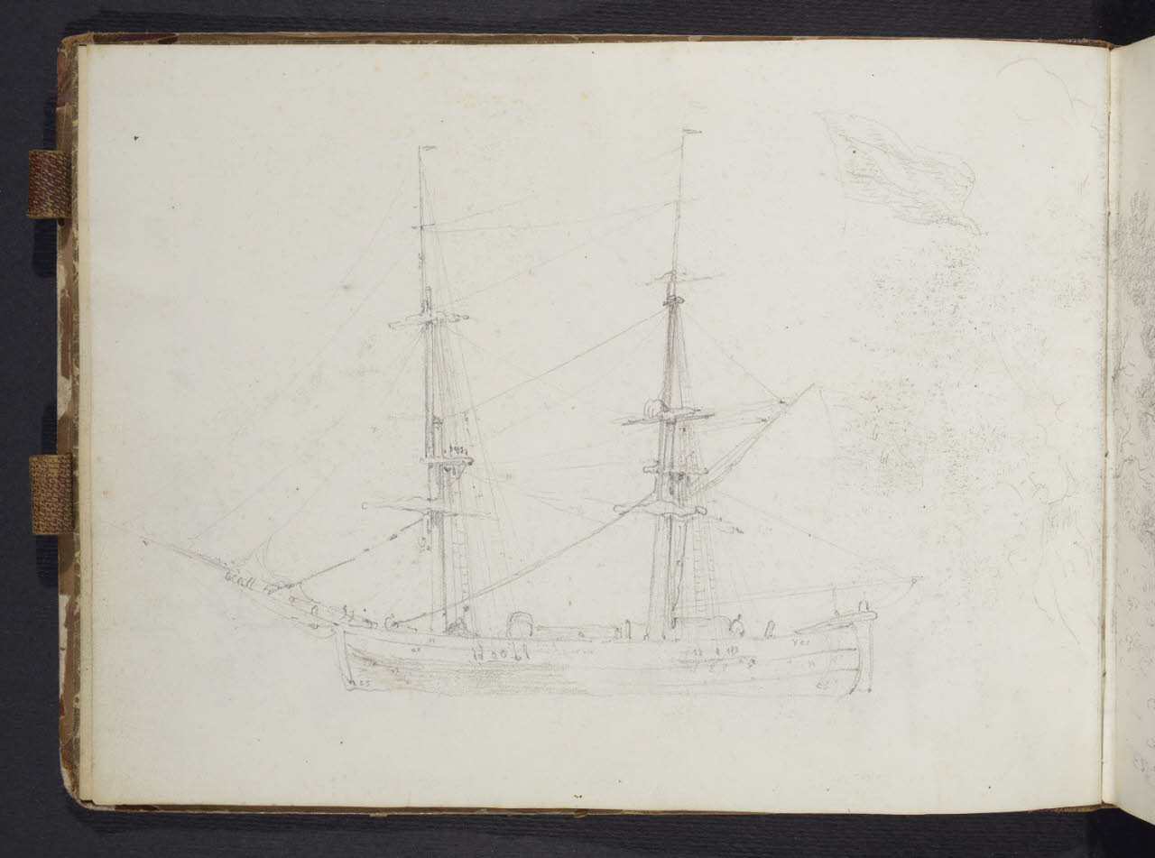 Album n. 10 - Trieste, Lago Maggiore, Val d'Imagna e luoghi del milanese con brughiera e Monte Rosa. Veliero (disegno) di Canella, Giuseppe (prima metà sec. XIX)