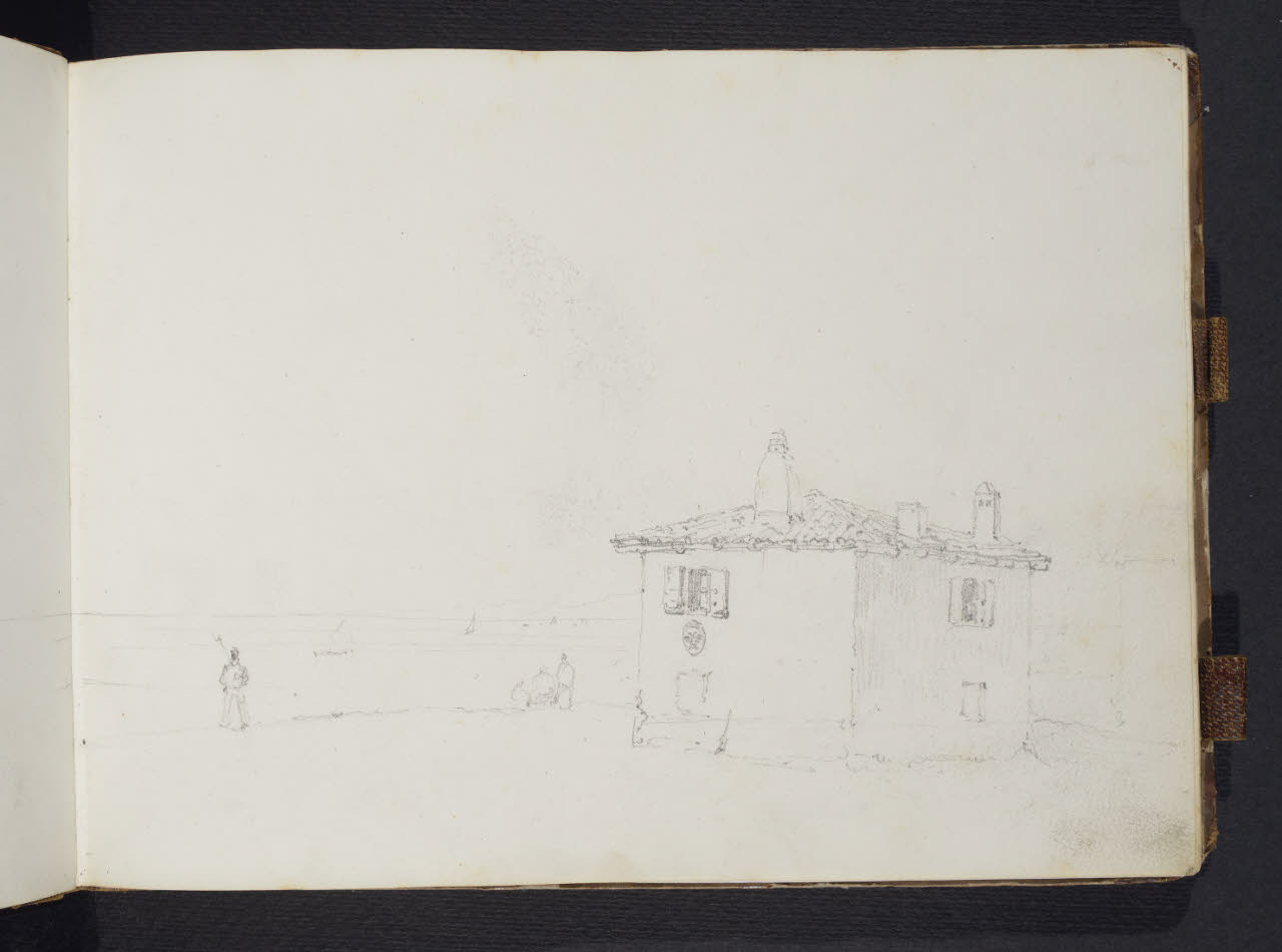 Album n. 10 - Trieste, Lago Maggiore, Val d'Imagna e luoghi del milanese con brughiera e Monte Rosa. Casa rustica su un molo (disegno) di Canella, Giuseppe (prima metà sec. XIX)