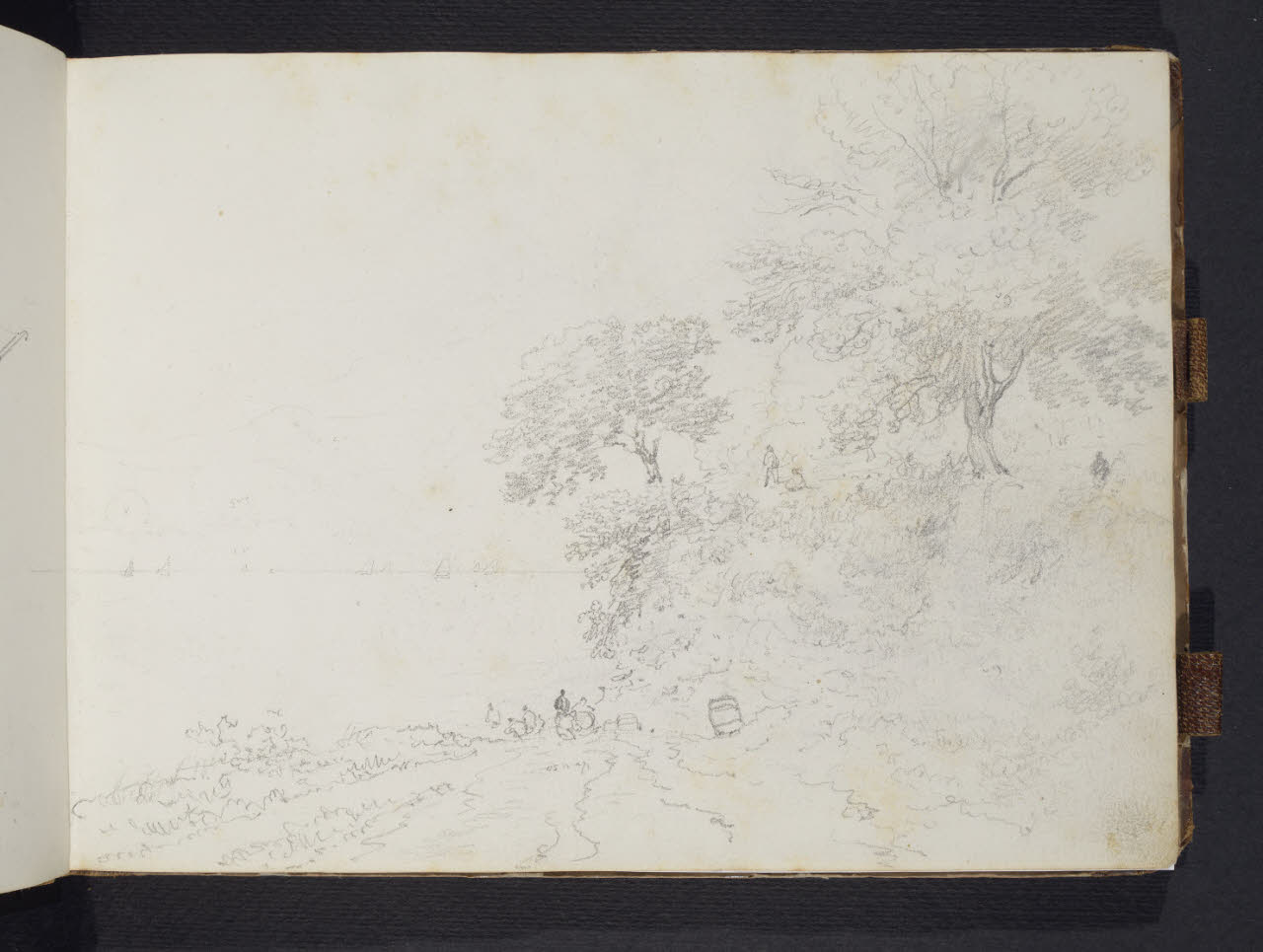 Album n. 10 - Trieste, Lago Maggiore, Val d'Imagna e luoghi del milanese con brughiera e Monte Rosa. Studio di paesaggio con figure (disegno) di Canella, Giuseppe (prima metà sec. XIX)