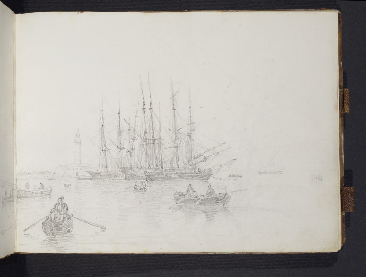 Album n. 10 - Trieste, Lago Maggiore, Val d'Imagna e luoghi del milanese con brughiera e Monte Rosa. Porto con faro e velieri alla fonda (disegno) di Canella, Giuseppe (prima metà sec. XIX)