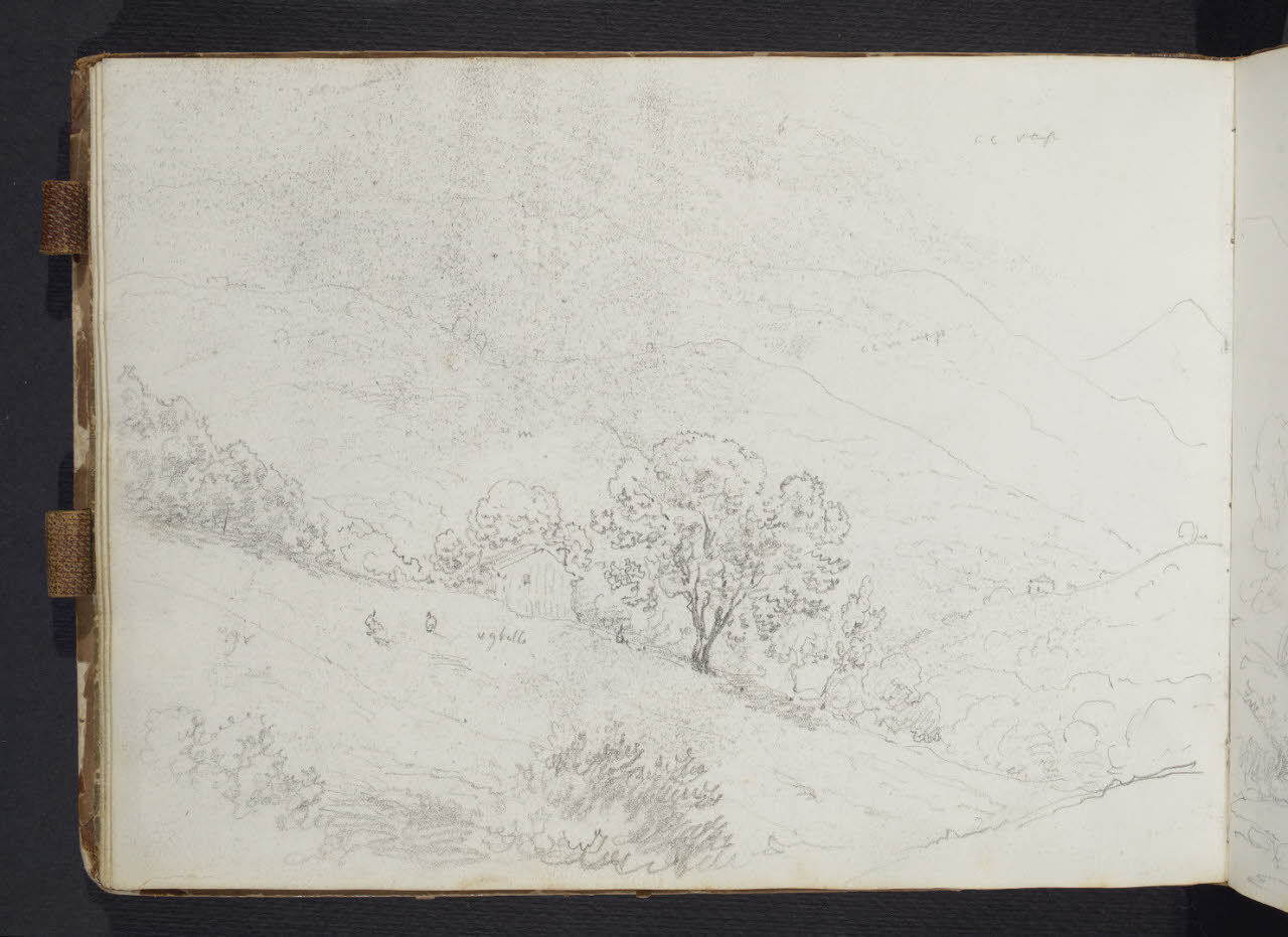 Album n. 10 - Trieste, Lago Maggiore, Val d'Imagna e luoghi del milanese con brughiera e Monte Rosa. Studio di paesaggio in valle (disegno) di Canella, Giuseppe (prima metà sec. XIX)