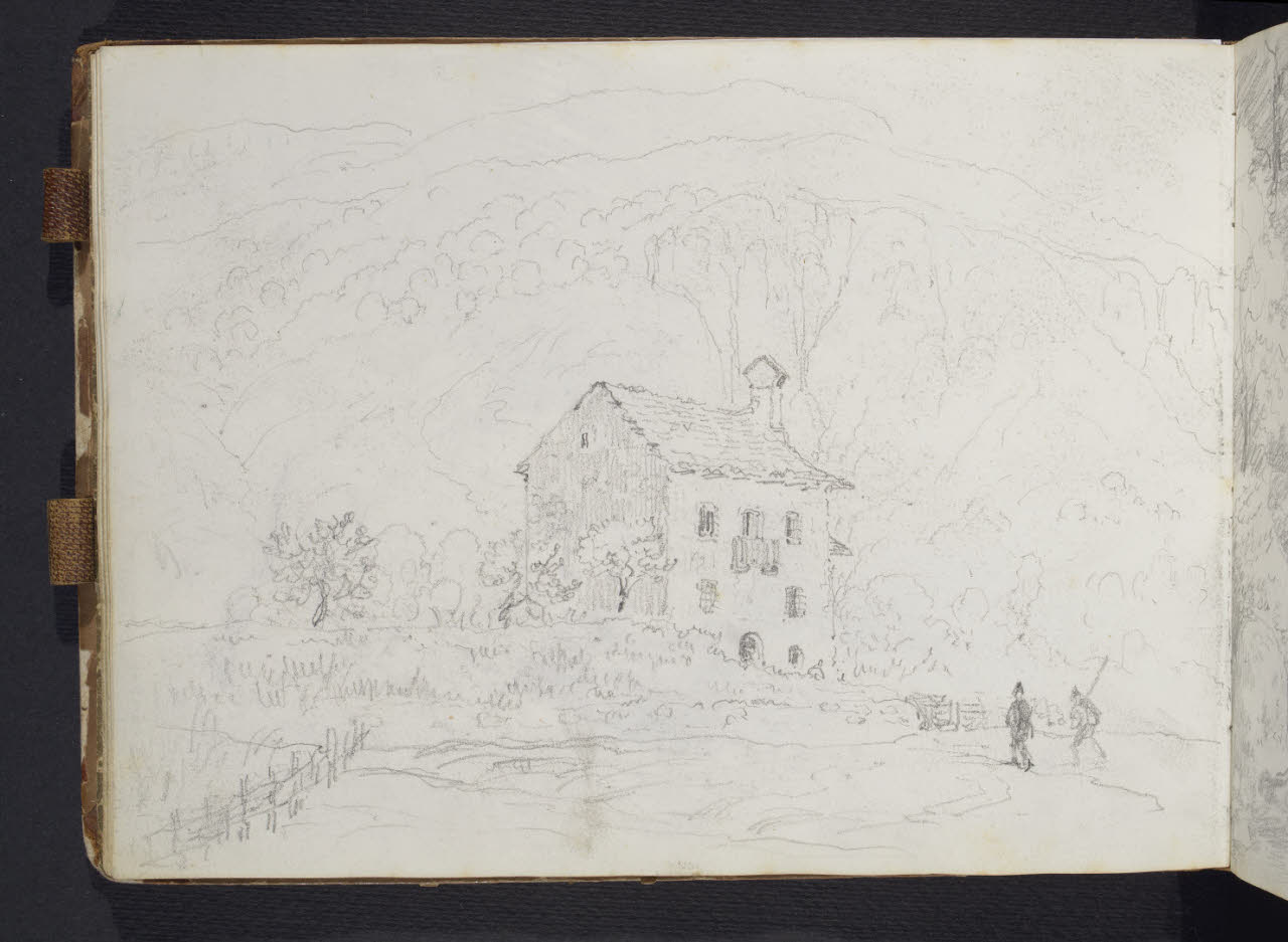 Album n. 10 - Trieste, Lago Maggiore, Val d'Imagna e luoghi del milanese con brughiera e Monte Rosa. Rustico con cacciatori (disegno) di Canella, Giuseppe (prima metà sec. XIX)