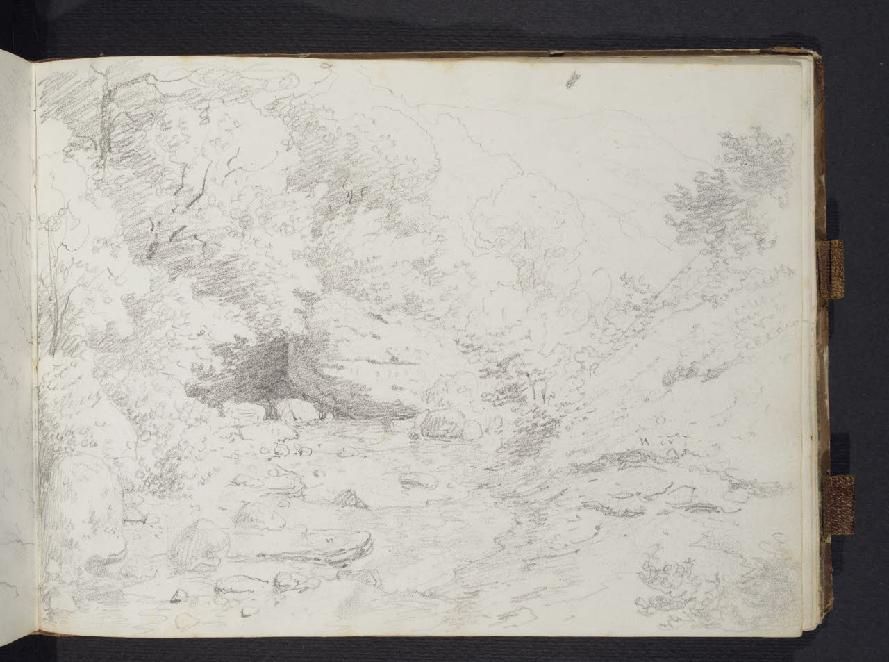 Album n. 10 - Trieste, Lago Maggiore, Val d'Imagna e luoghi del milanese con brughiera e Monte Rosa. Studio di torrente nella boscaglia (disegno) di Canella, Giuseppe (prima metà sec. XIX)