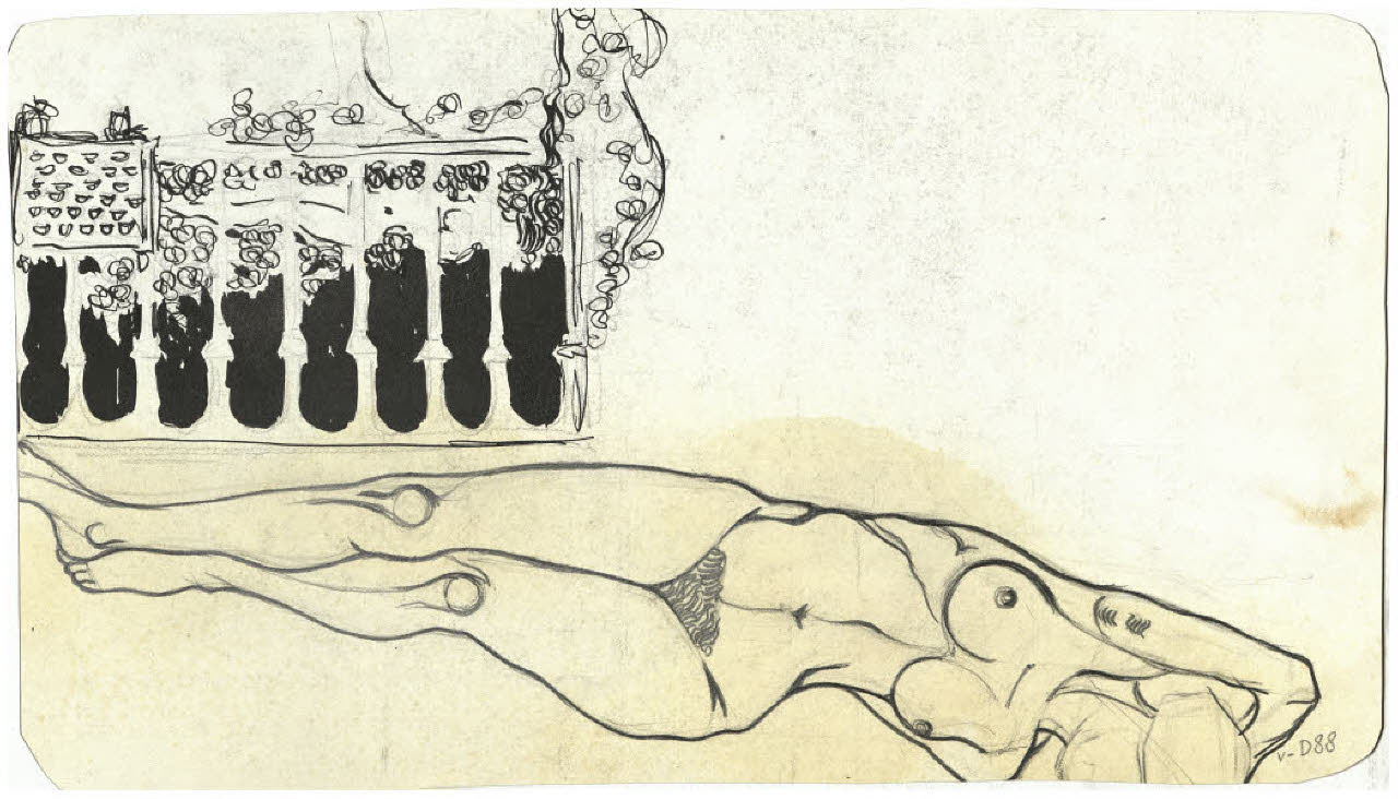 Nudo femminile disteso e ringhiera (disegno) di Disertori, Benvenuto Maria (prima metà sec. XX)