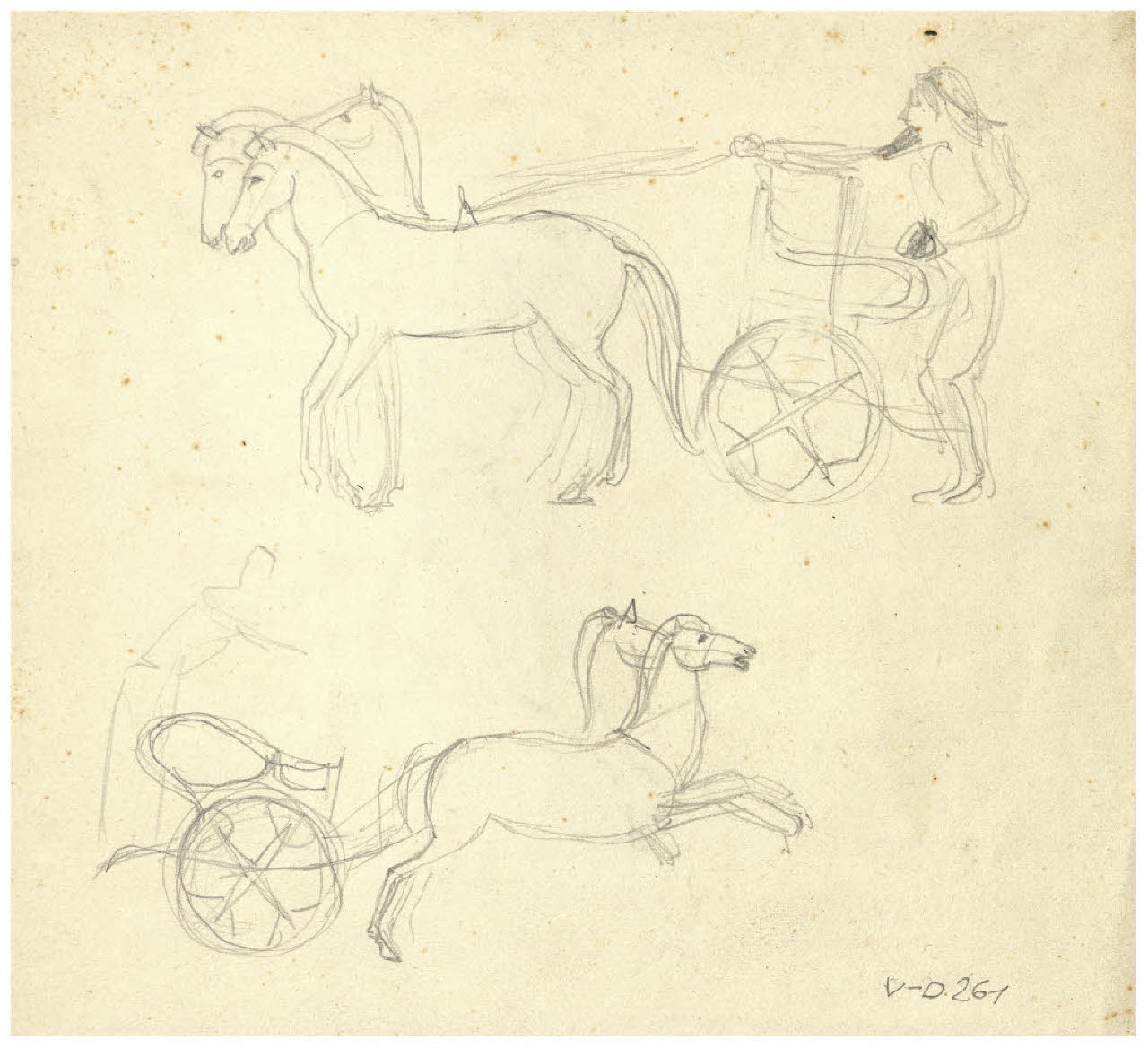 Due studi di carri antichi (disegno preparatorio per copertina di F. Nietzsche, La volontà di potenza, Milano, F.lli Bocca, 1937?) (disegno) di Disertori, Benvenuto Maria (prima metà sec. XX)