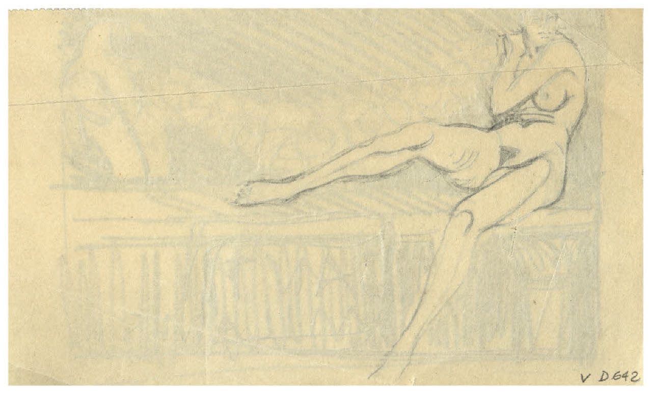 Figura femminile seduta (impronta figura del recto), Ricalco di nudo femminile seduto (disegno) di Disertori, Benvenuto Maria (prima metà sec. XX)