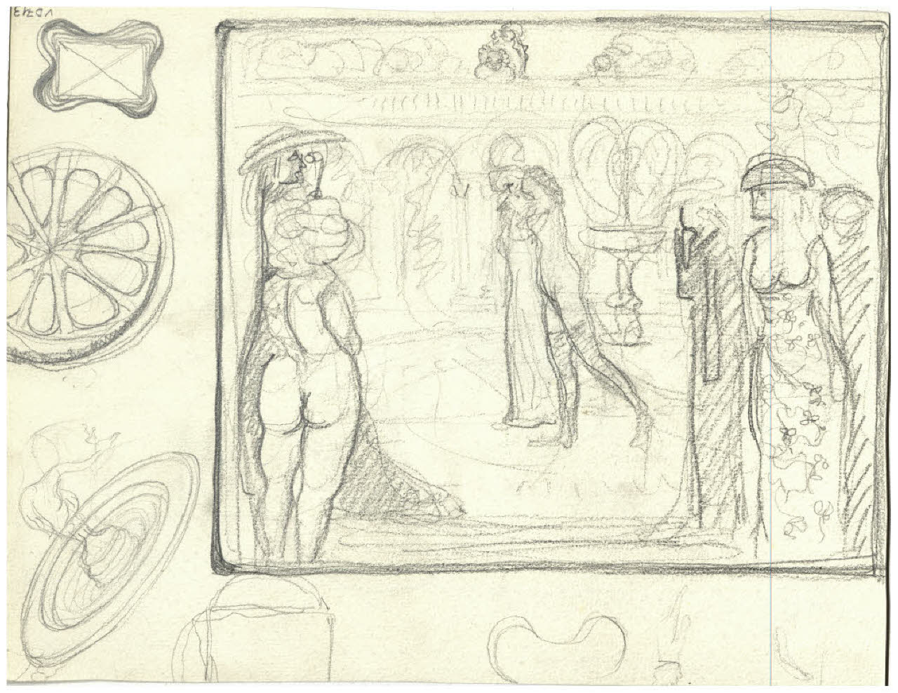 Scena ambientata in un giardino (disegno) di Disertori, Benvenuto Maria (prima metà sec. XX)