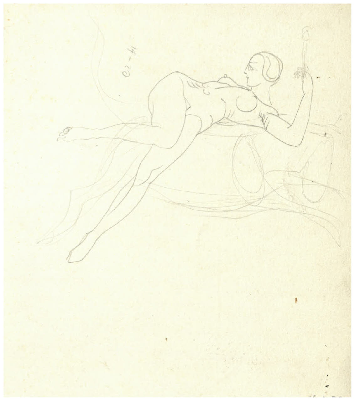 Nudo femminile disteso (disegno preparatorio per la copertina di M. Bontempelli, Primo spettacolo, Milano, Mondadori, 1927) (disegno) di Disertori, Benvenuto Maria (sec. XX)