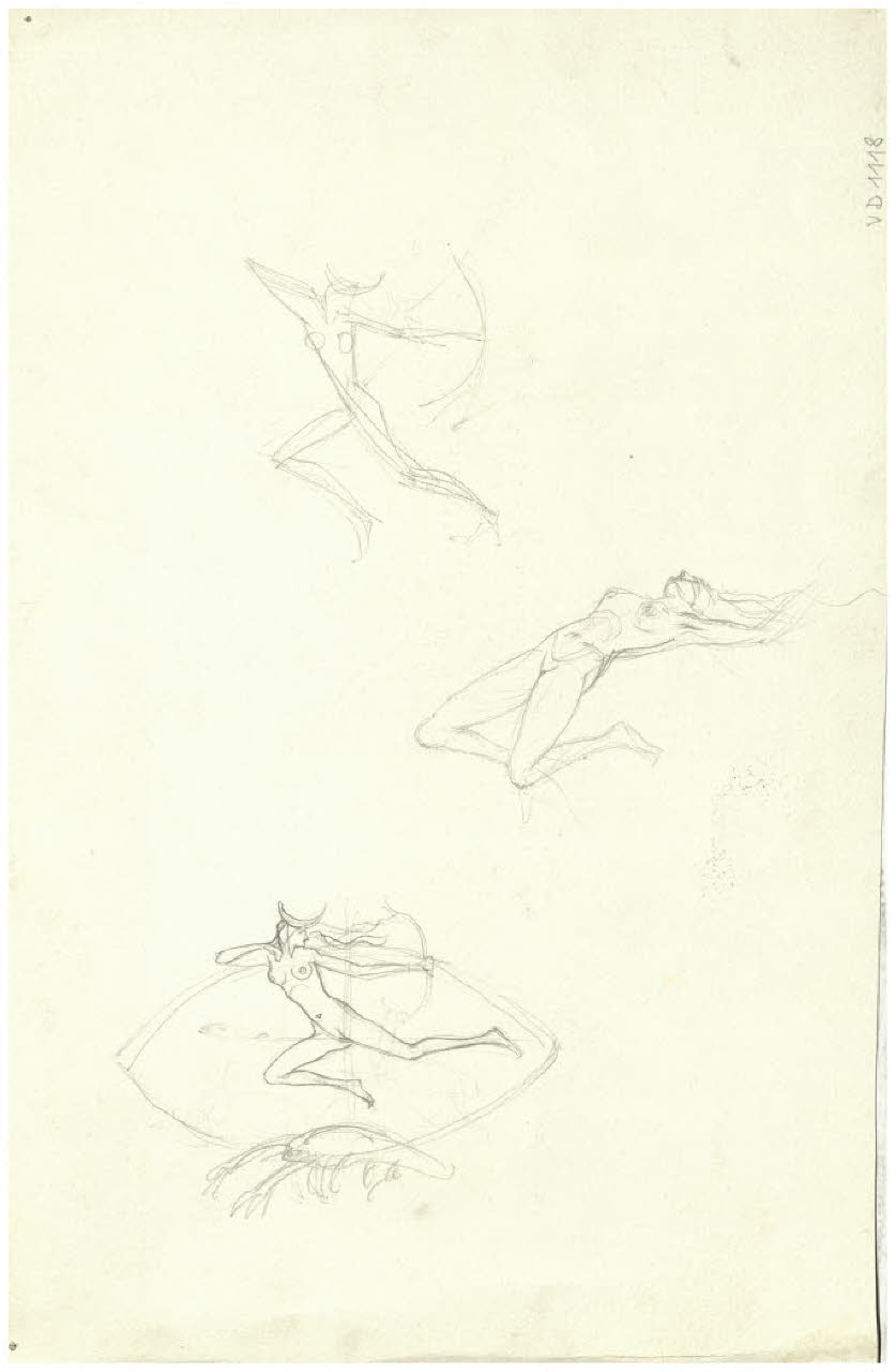 Studi di tre figure femminili. Disegno preparatorio per Il Pianeta Luna (disegno) di Disertori, Benvenuto Maria (secondo quarto sec. XX)