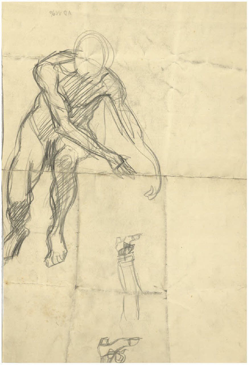 Studio di nudo maschile seduto, studio di gamba con scarpa, studio di una scarpa (disegno) di Disertori, Benvenuto Maria (prima metà sec. XX)